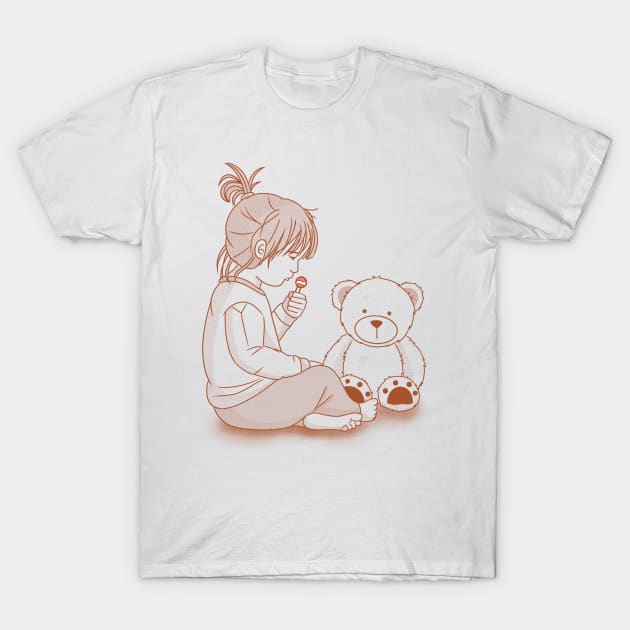 Little Girl Enjoying Candy With Teddy Bear T-Shirt by Athikan